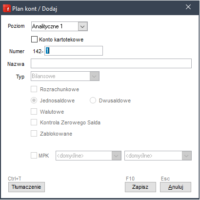 WAPRO Fakir. Formatka &quot;Plan kont / Dodaj&quot;. Wybór poziomu analitycznego dodawanego konta