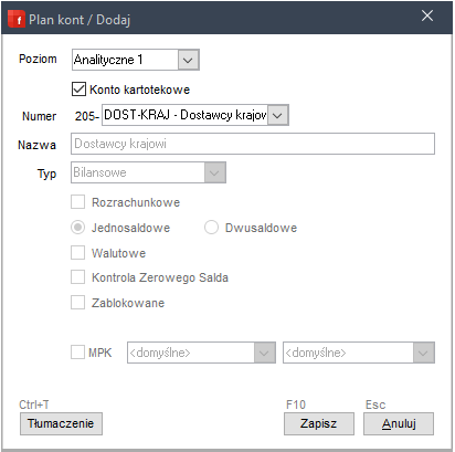 WAPRO Fakir. Okno -&quot;Plan kont / Dodaj&quot;. Dodawanie słownikowej analityki konta (1)