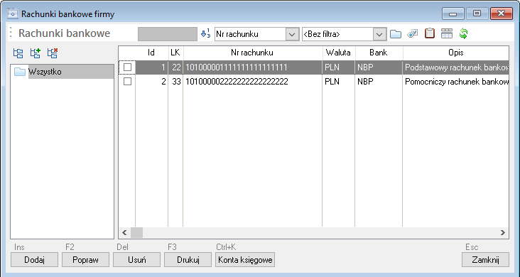 WAPRO Fakir. Okno - Rachunki bankowe firmy