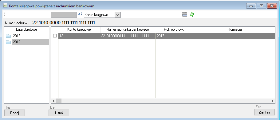 WAPRO Fakir. Okno - Konta księgowe powiązane z rachunkiem bankowym - na liscie powiązany rachunek bankowy