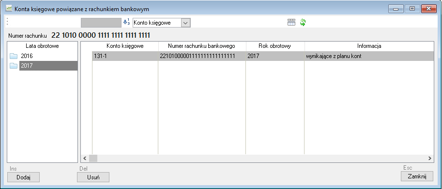 WAPRO Fakir. Okno - Konta księgowe powiązane z rachunkiem bankowym - na liscie powiązany rachunek bankowy