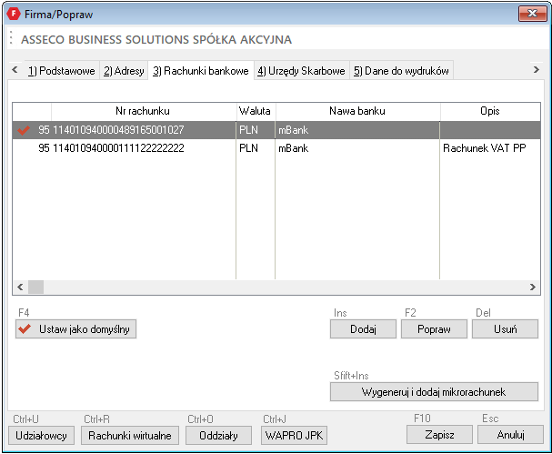WAPRO Fakir. Okno -Firma / Popraw, zakładka: 3) Rachunki bankowe
