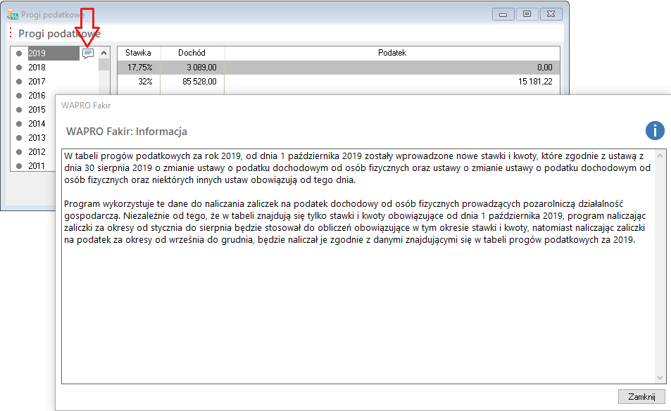 WAPRO Fakir. Okno Progi podatkowe, informacja