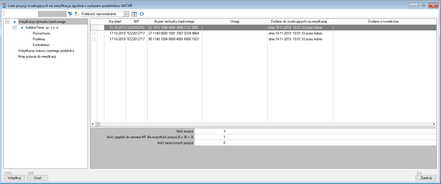 WAPRO Fakir. Okno - Lista pozycji oczekujących na weryfikację zgodnie z wykazem podatników VAT MF