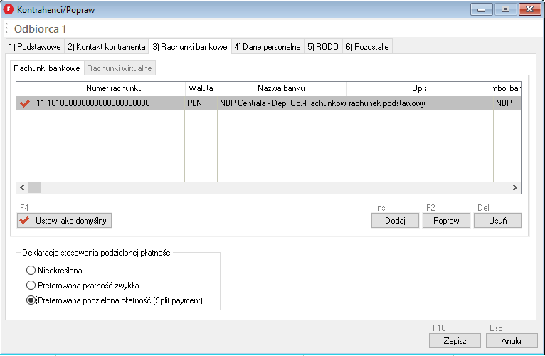 WAPRO Fakir. Okno - Kontrahenci / Popraw, zakładka: Rachunki bankowe, preferowana podzielona płatność