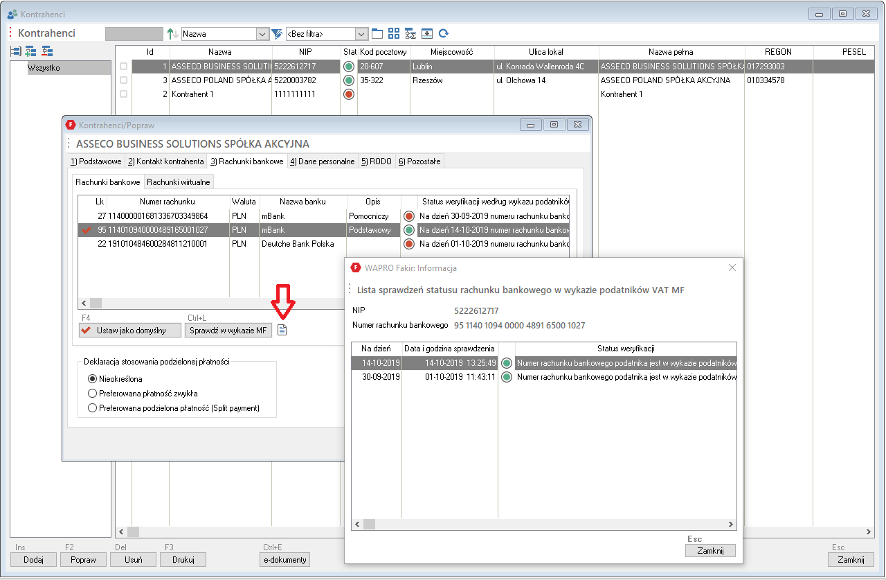 WAPRO Fakir. Okno - Kontrahenci / Popraw - Lista sprawdzeń statusu rachunku bankowego w wykazie podatników VAT MF