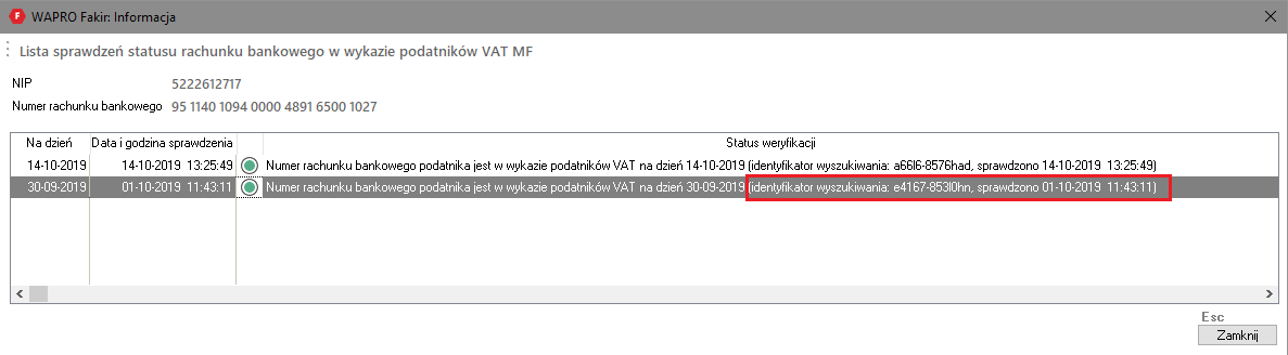 WAPRO Fakir. Okno - Kontrahenci / Popraw - Lista sprawdzeń statusu rachunku bankowego w wykazie podatników VAT MF, tekstowy opis statusu