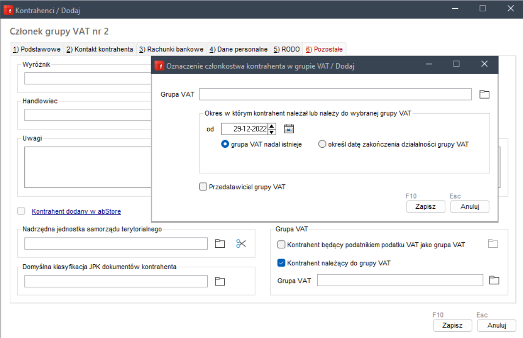 WAPRO Fakir. Okno - Oznaczanie uczestnictwa kontrahenta w grupie VAT / Dodaj