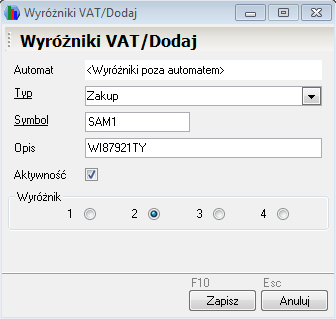 WAPRO Fakir. Okno - Wyróżniki VAT / Dodaj