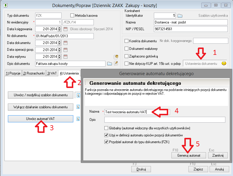 WAPRO Fakir. Okno - Generowanie automatu dekretującego VAT