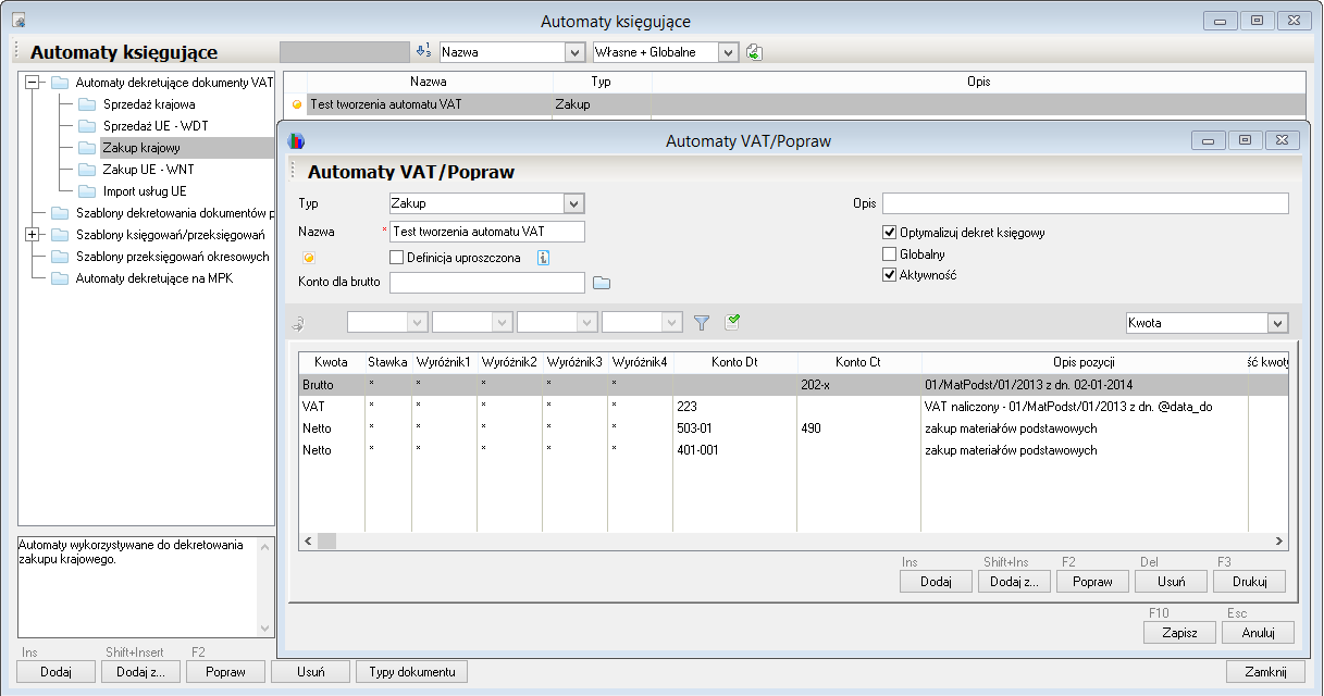 WAPRO Fakir. Okno - Automaty VAT / Popraw