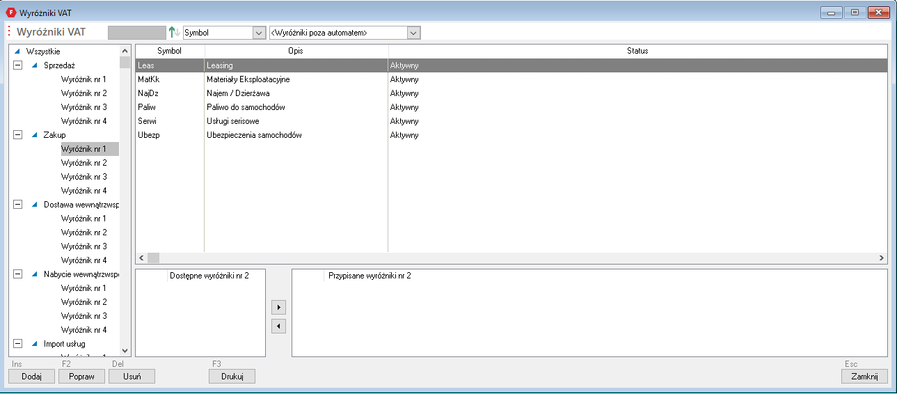 WAPRO Fakir. Okno - Wyróżniki VAT, lista wygenerowanych wyróżników