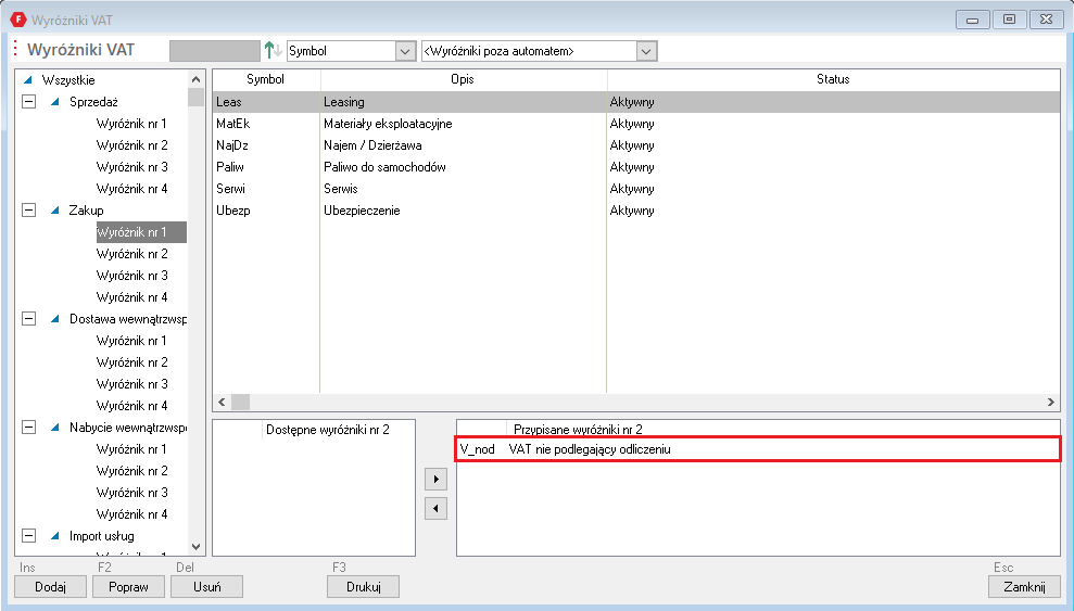 WAPRO Fakir. Okno - Wyróżniki VAT, przypisanie wyróżnika