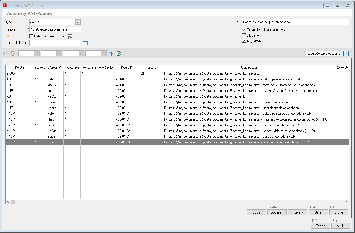 WAPRO Fakir. Okno - Automaty VAT / Popraw, lista zdefiniowanych wszystkich pozycji