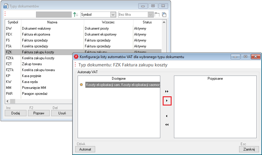 WAPRO Fakir. Okno - Konfiguracja listy automatów VAT dla wybranego typu dokumentu