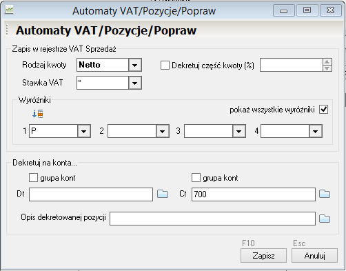 WAPRO Fakir. Definiowanie pozycji automatu VAT (pełna definicja)