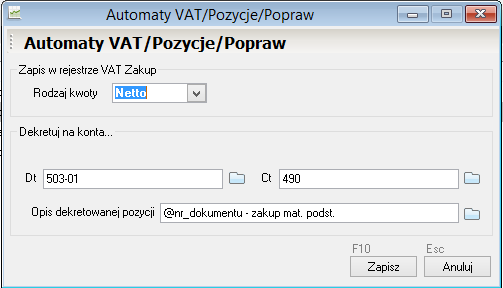 WAPRO Fakir. Dodawanie nowej pozycji do schematu automatu VAT