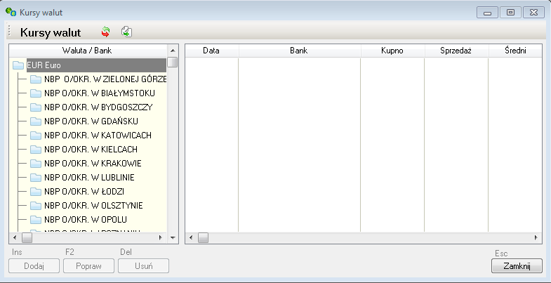 WAPRO Fakir. Okno - Tabele kursów walut