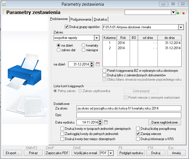 WAPRO Fakir. Parametry wydruku dla raportów użytkownika