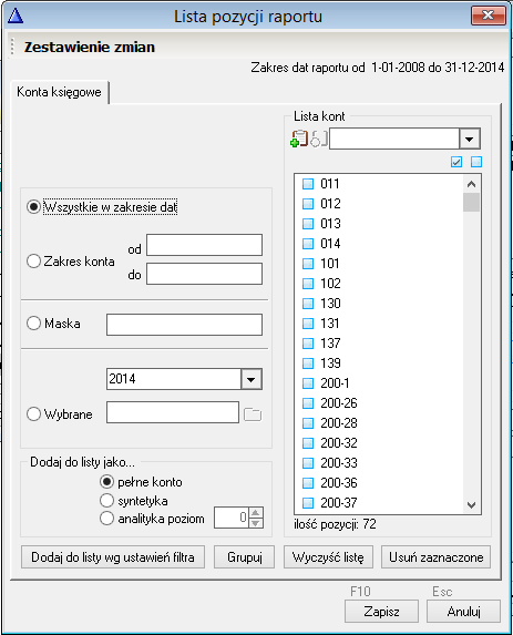 WAPRO Fakir. Definiowanie zakresu kont do wydruku na dynamicznej liście