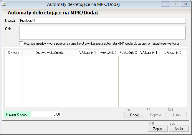 WAPRO Fakir. Okno - Automaty dekretujące na MPK / Dodaj