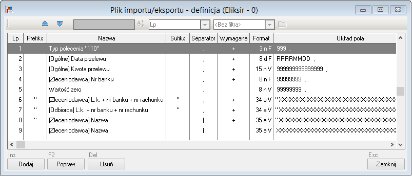 WAPRO Fakir. Definiowanie formatu pliku dla przelewu elektronicznego