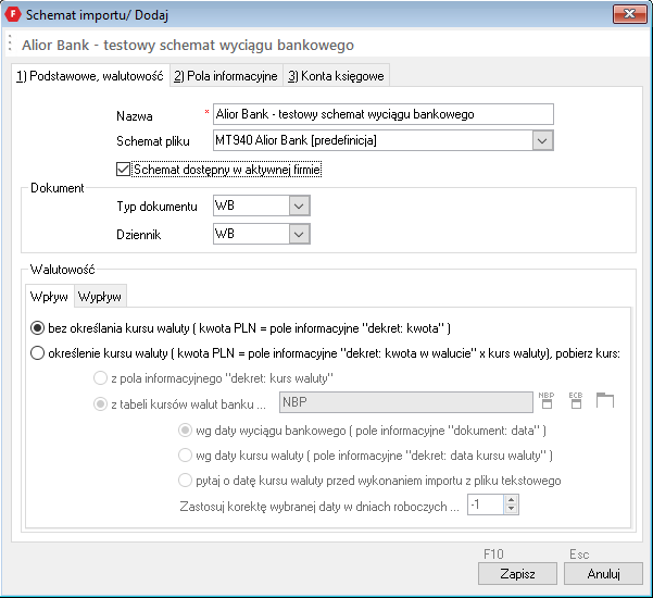 WAPRO Fakir. Okno definiowania schematu importu - zakładka &quot;Podstawowe&quot;