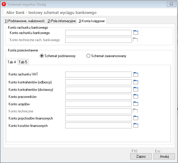 WAPRO Fakir. Okno definiowania schematu importu - zakładka &quot;Konta księgowe&quot;