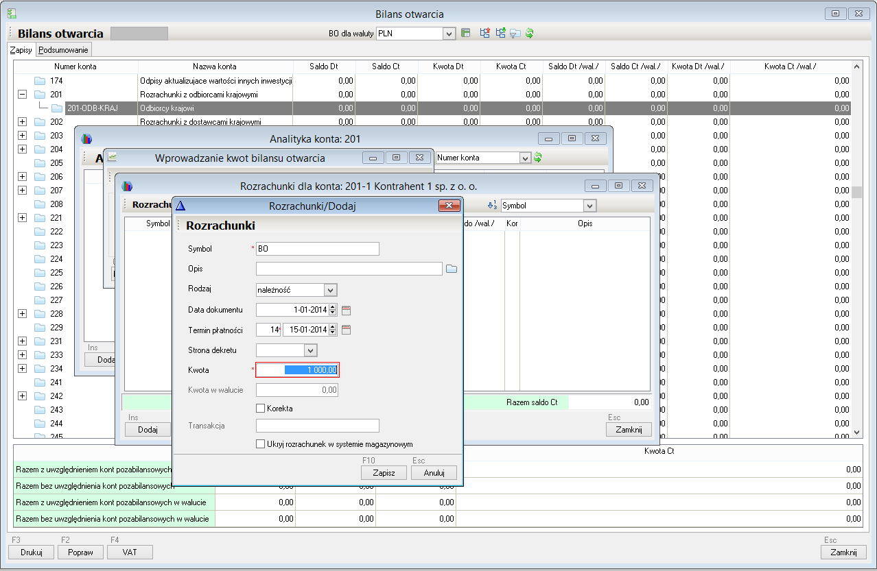 WAPRO Fakir. Okno - Bilans otwarcia, zakładka: Zapisy, wprowadzanie rozrachunków