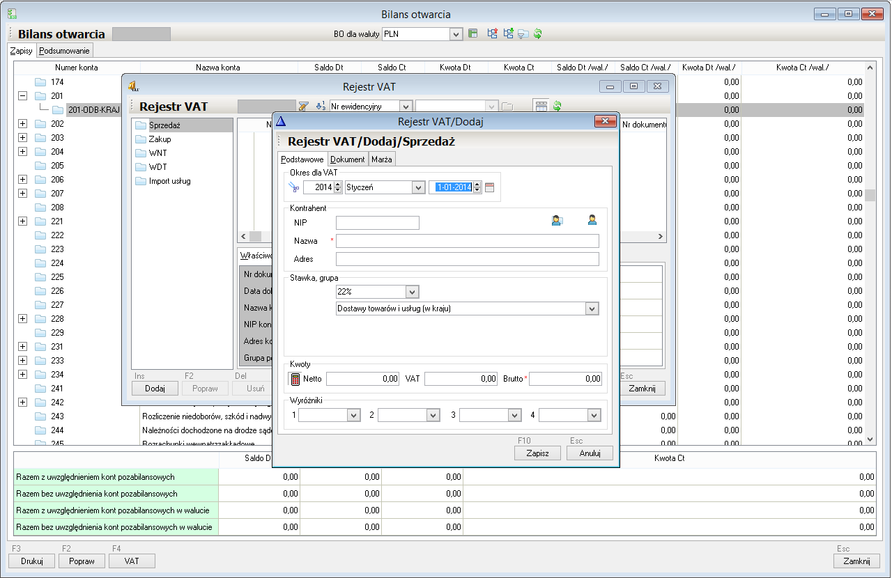 WAPRO Fakir. Okno - Bilans otwarcia, zakładka: Zapisy, wprowadzanie danych, wprowadzanie danych do rejestru VAT