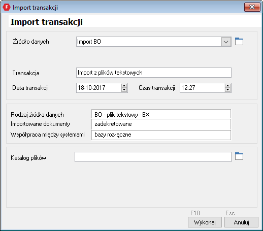 WAPRO Fakir. Okno Import transakcji