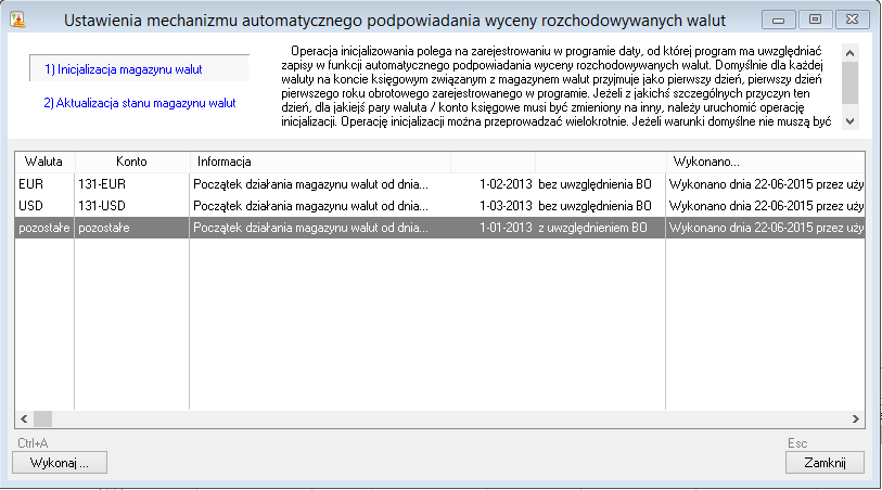 WAPRO Fakir. Okno - Ustawienia mechanizmu automatycznego podpowiadania wyceny rozchodowywanych walut, pierszy systemowy zapis oraz informacja o zapisanym ustawieniu