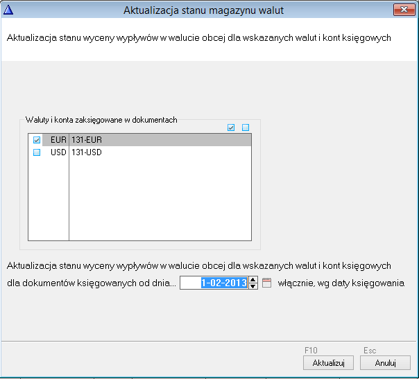WAPRO Fakir. Okno - Aktualizacja stanu magazynu walut