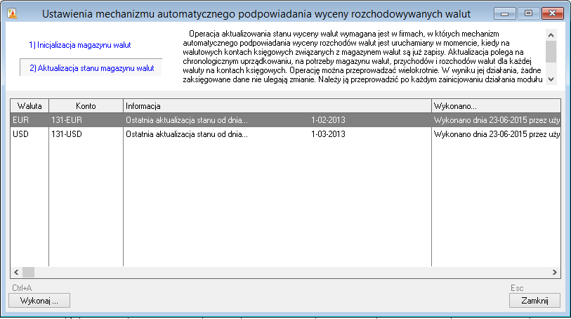 WAPRO Fakir. Okno - Ustawienia mechanizmu automatycznego podpowiadania wyceny rozchodowywanych walut, lista wyświeltonych operacji