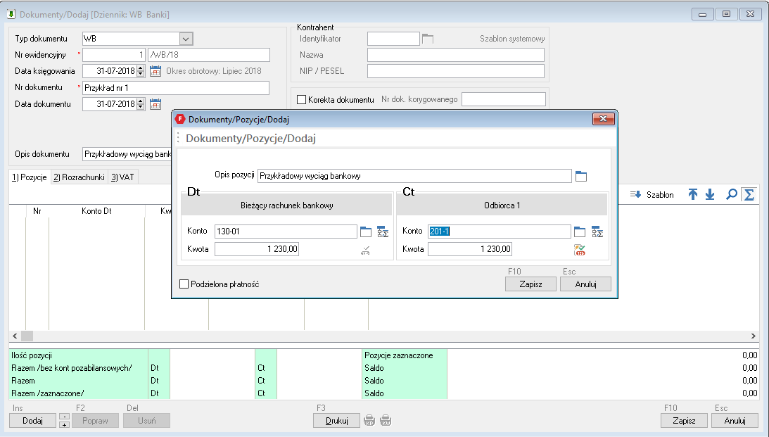 WAPRO Fakir. Okno - Dokumenty / Pozycje / Dodaj, dekretowanie kwoty brutto