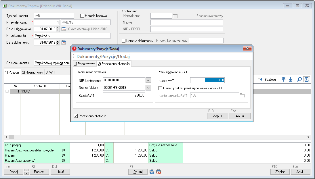 WAPRO Fakir. Okno - Dokumenty / Pozycje / Popraw, automatycznie uzupełniane dane komunikatu przelewu