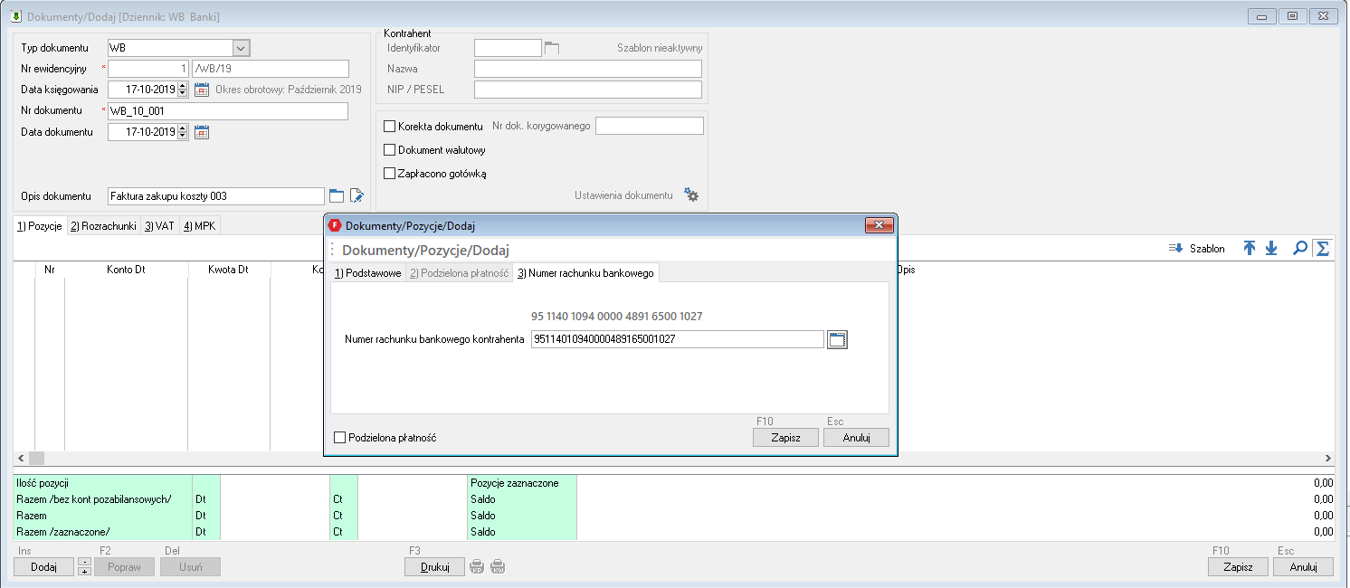 WAPRO Fakir. Okno - Dokumenty / Pozycje / Dodaj, zakładka: &quot;3) Numer rachunku bankowego&quot;