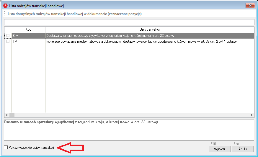 WAPRO Fakir. Okno - Lista rodzajów transakcji handlowej, opcja: &quot;Pokaż wszystkie opisy transakcji&quot;