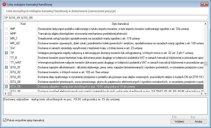 WAPRO Fakir. Okno - Lista rodzajów transakcji handlowej, z włączoną opcją: &quot;Pokaż wszystkie opisy transakcji&quot;