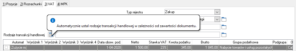 WAPRO Fakir. Okno (fragment) - Dokumenty / Dodaj, zakładka: &quot;3) VAT&quot;, przycisk &quot;Automatycznie ustal rodzaje transakcji handlowej w zależności od zawartosci dokumentu&quot;