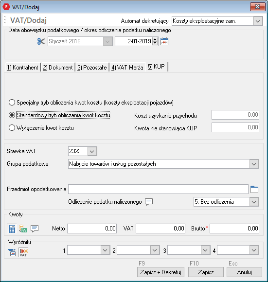 WAPRO Fakir. Okno - VAT / Dodaj, zakładka: &quot;5) KUP&quot;