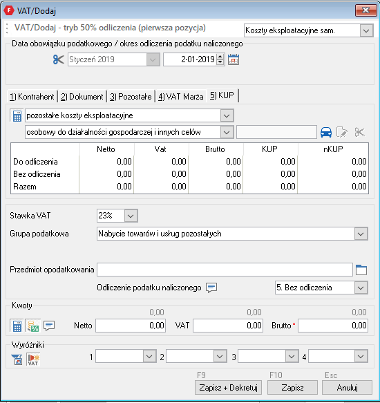WAPRO Fakir. Okno - VAT / Dodaj, wybrany przygotowany wcześniej automat dekretujący, włączona opcja &quot;Tryb 50% odliczenia kwoty podatku naliczonego&quot;