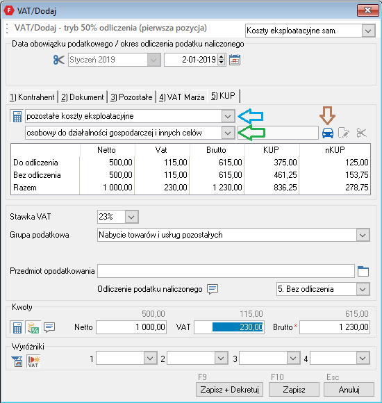 WAPRO Fakir. Okno - VAT / Dodaj, zakładka: &quot;5) KUP&quot;, wybrane definiowanie odpowiedniego trybu obliczeń