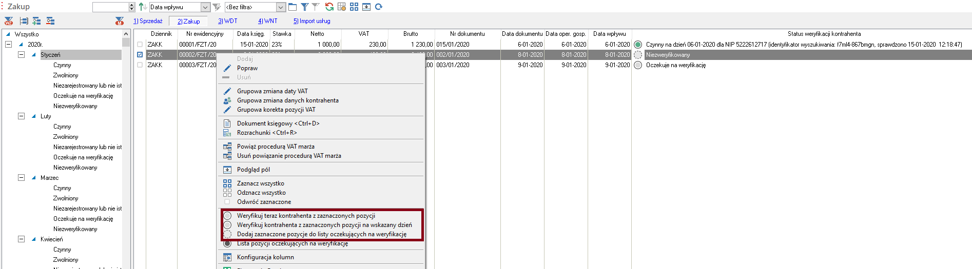 WAPRO Fakir. Grupowa weryfikacja statusu VAT zaznaczonych pozycji w rejestrze VAT z poleceń menu podręcznego