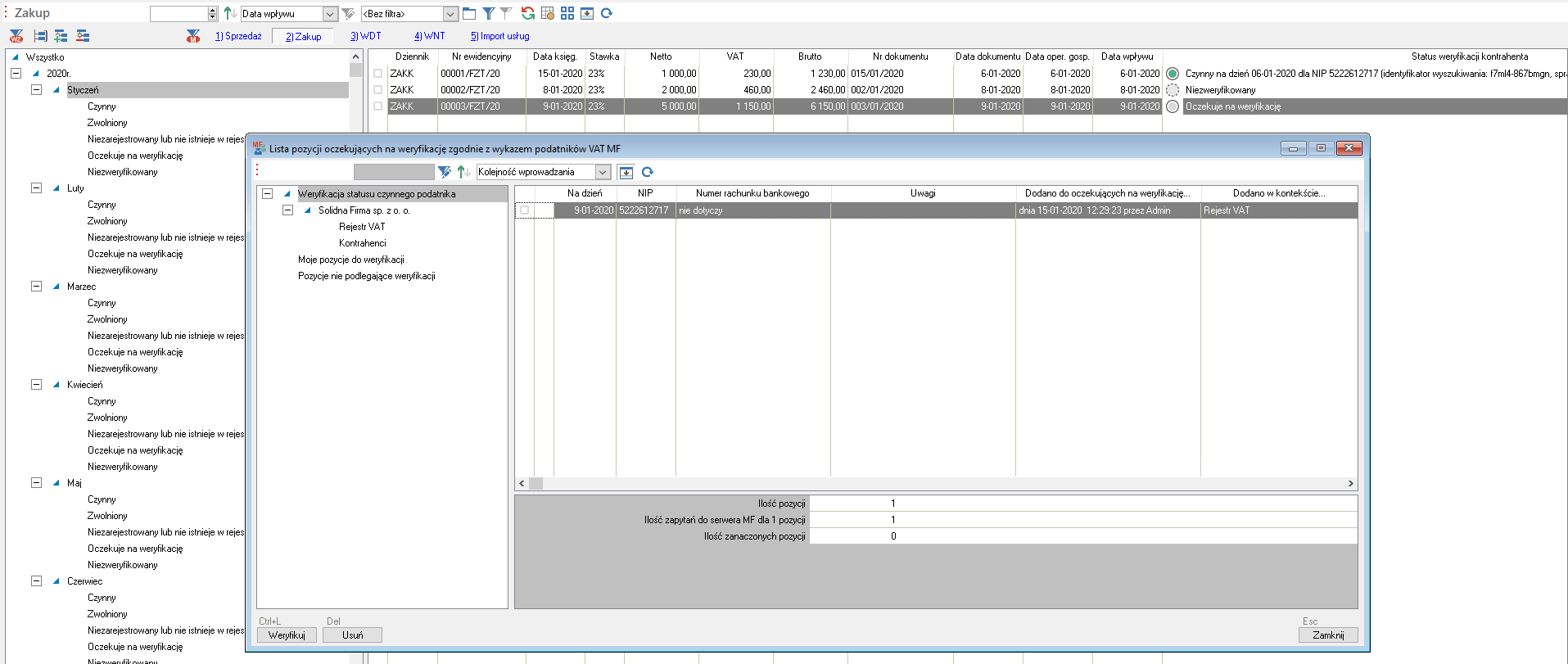 WAPRO Fakir. Okno - Lista pozycji oczekujących na weryfikację zgodnie z wykazem podatników VAT MF