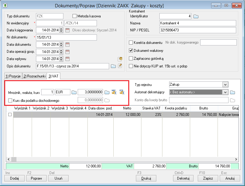 WAPRO Fakir. Okno - Dokumenty / Popraw, zakładka: &quot;3) VAT&quot;, rejestrowanie pozycji walutowej
