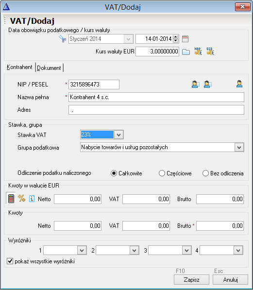 WAPRO Fakir. Okno - VAT / Dodaj, rejestrowanie pozycji walutowej