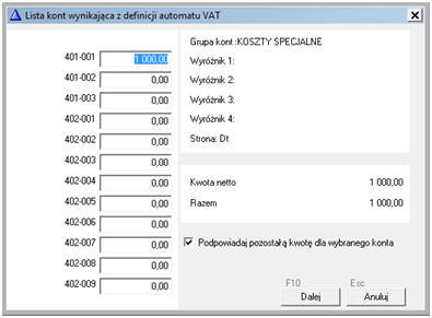 WAPRO Fakir. Okno - Lista kont wynikająca z automatu VAT