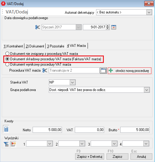 WAPRO Fakir. Okno - VAT / Dodaj, zakładka: &quot;4) VAT marża&quot;, opcja: &quot;Dokument składowy procedury VAT marza&quot;