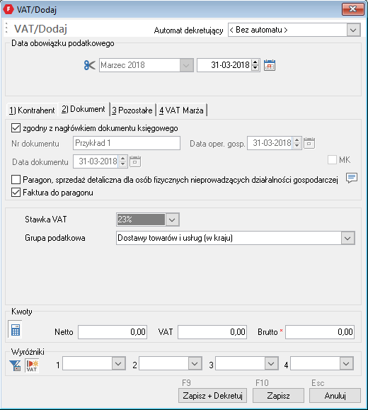 WAPRO Fakir. Okno - VAT / Dodaj, zakładka: &quot;2) Dokument&quot;, opcja: &quot;Faktura do paragonów&quot;